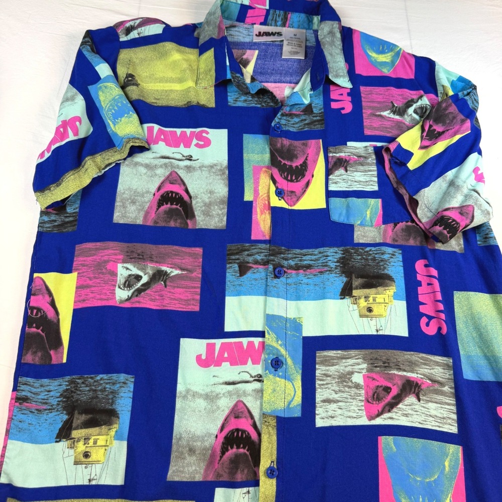 Jaws Universal Button Down Hawaiian Shirt Mens M Blue Pink All Over Print Shark